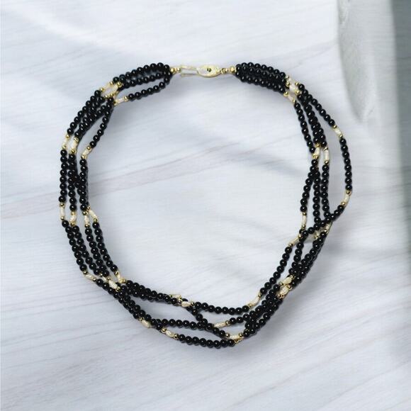 Vintage Black Round Beads, Rice Pearls and Gold Accents Multistrand Necklace - Picture 3 of 5